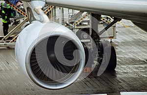 Airliner being prepared for boarding aircraft airplane turbine detail