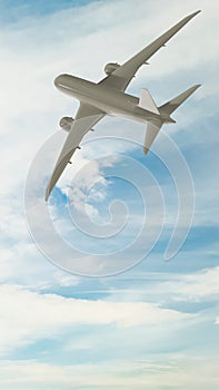 Airliner in the blue sky amongst clouds 3D Rendering