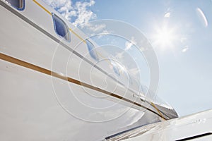 Airliner flying in high cloudy sky