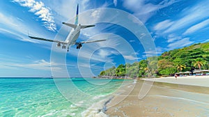 Airliner flying over tropical island, panoramic view of exotic vacation destination