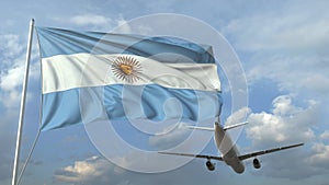 Airliner flying over waving flag of Argentina. 3D animation