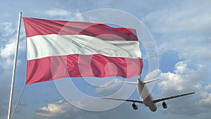 Airliner flying over waving flag of Austria. 3D animation