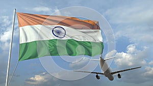 Airliner flying over waving flag of India. 3D animation