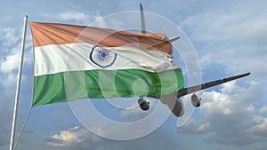 Airliner flying over waving flag of India. 3D rendering