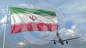 Airliner flying over waving flag of Iran. 3D animation