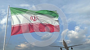 Airliner flying over waving flag of Iran. 3D rendering