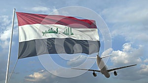 Airliner flying over waving flag of Iraq. 3D animation