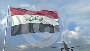 Airliner flying over waving flag of Iraq. 3D rendering