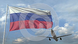 Airliner flying over waving flag of Russia. 3D animation