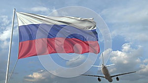 Airliner flying over waving flag of Russia. 3D rendering