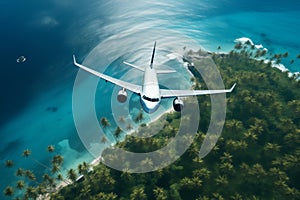 airliner flying in the sky above tropical island, travel and holidays concept
