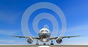 Airliner on the landing strip of an airport, take-off runway, taxiing engines.