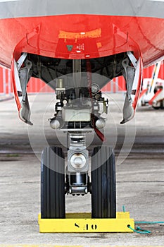 Airliner nose gear with wheel photo