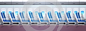 Airliner passenger seats row with portholes empty no people airplane board interior flat horizontal banner