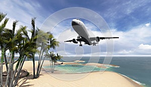 Airliner passing over palm trees