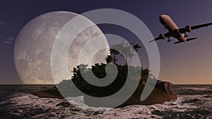 Airliner passing over palm trees