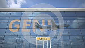 Airliner reflecting in the windows of airport terminal with GENEVE text