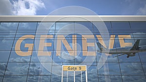 Airliner reflecting in the windows of airport terminal with GENEVE text. 3d rendering