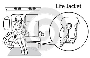 Airlines showing how to pick up life jackets under the passenger seat outline stroke