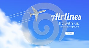 Airlines  travel banner. airplane flying in blue sky bottom view