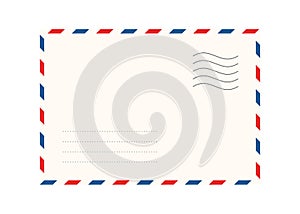 Airmail envelope frame with postage stamps. Vintage air mail postcard back template with diagonal blue and red stripes