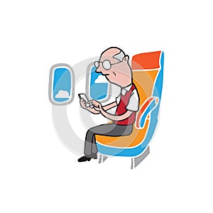 Airpane cabin passenger old man smart phone