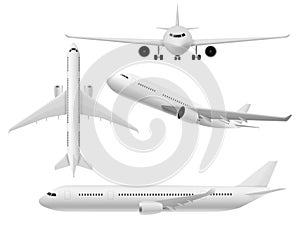 Airplane 3d. Airliner top, side and front view. Flying aircraft in various angle, air transport, commercial journey trip