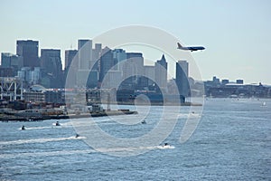 Airplane above Boston Skyline