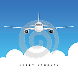 Airplane above clouds with happy journey illustration