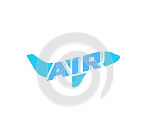 Airplane abstract concept logo. Air plane blue silhouette sign on white background. Travel aircraft, airliner, vector