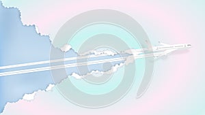 Airplane aerial view in the layer on pastel beautiful background as  paper art and craft style concept. vector illustration