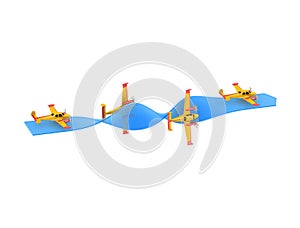 Illustration of aerobatics barrel roll with yellow airplane model over blue arrow on white background photo