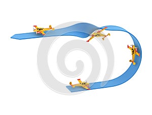 Illustration of aerobatics half loop with yellow airplane model over blue arrow on white background photo