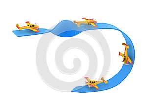 Illustration of aerobatics single overturn with yellow airplane model over blue arrow on white background photo