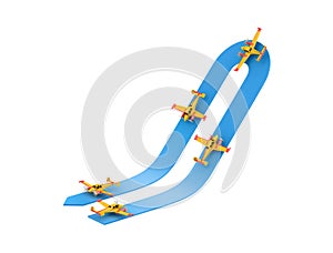 Illustration of aerobatics turn on the top with yellow airplane model over blue arrow on white background photo