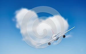 An airplane against a heart of clouds. A blue sky and a heart sign. Travel composition.