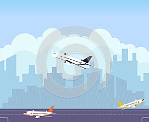 Airplane in air with landscape, Travel and tourism illustration design.