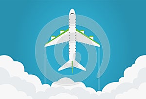 Airplane in the air top view. Flies in the blue sky among the clouds. Airplane view from above isolated. Simple template or banner