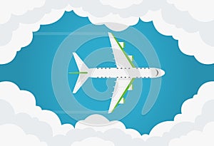 Airplane in the air top view. Flies in the blue sky among the clouds. Airplane view from above isolated. Simple template or banner