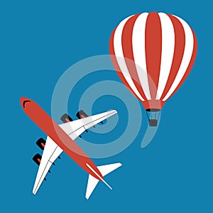 Airplane and AirBalloon Icons on the blue background photo