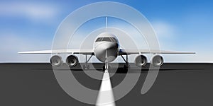 Airplane on airport runway, blue sky background, front view. 3d illustration