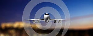 Airplane on airport runway, blur airfield background, front view. 3d illustration