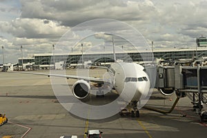 Airplane at the airport. Special color and sharpness effect