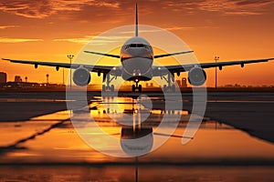 Airplane in the airport at sunset with reflection on the ground. A large jetliner taking landing an airport runway at sunset or