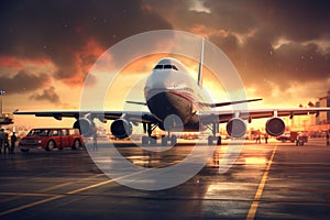 Airplane in the airport with sunset sky background. Travel concept. A busy airport terminal with a jumbo jet taking off, AI