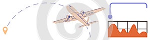Airplane and Analytics Concept Flight Path, Destination Pin, and Data Chart Visualization
