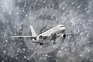 Airplane approaching on a landing in snowstorm bad weather.