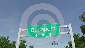 Airplane arriving to Budapest airport. Travelling to Hungary conceptual 3D rendering