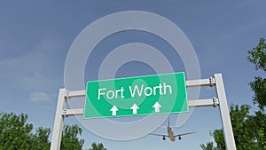 Airplane arriving to Fort Worth airport. Travelling to United States conceptual 3D rendering