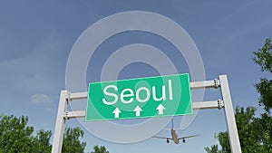 Airplane arriving to Seoul airport. Travelling to South Korea conceptual 3D rendering